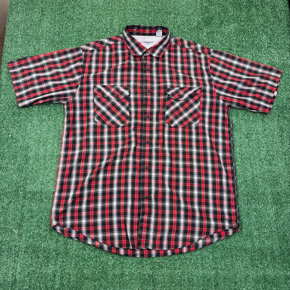 Y2K Anchor Blue Plaid Short Sleeve Button-Up Shirt